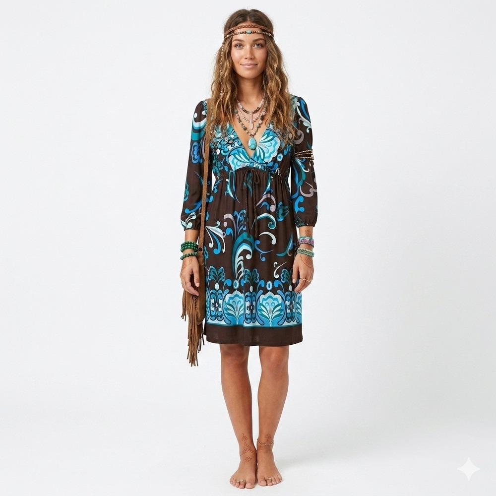 Rhapsody‎ Paisley Babydoll Mini Dress Medium Y2K Hippie Psychedelic Festival